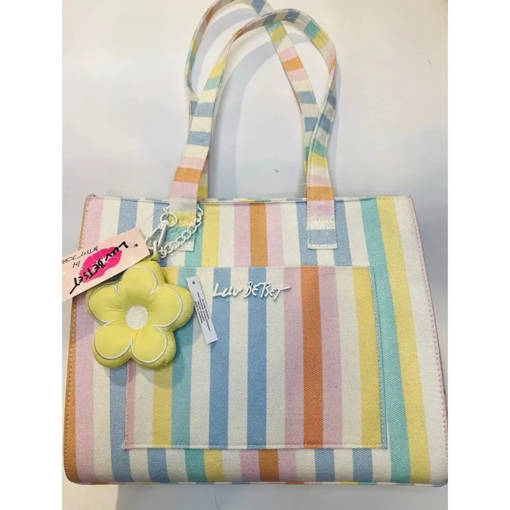 NWT Betsey Jonson LUV Striped Pastel Tote with Flower Charm